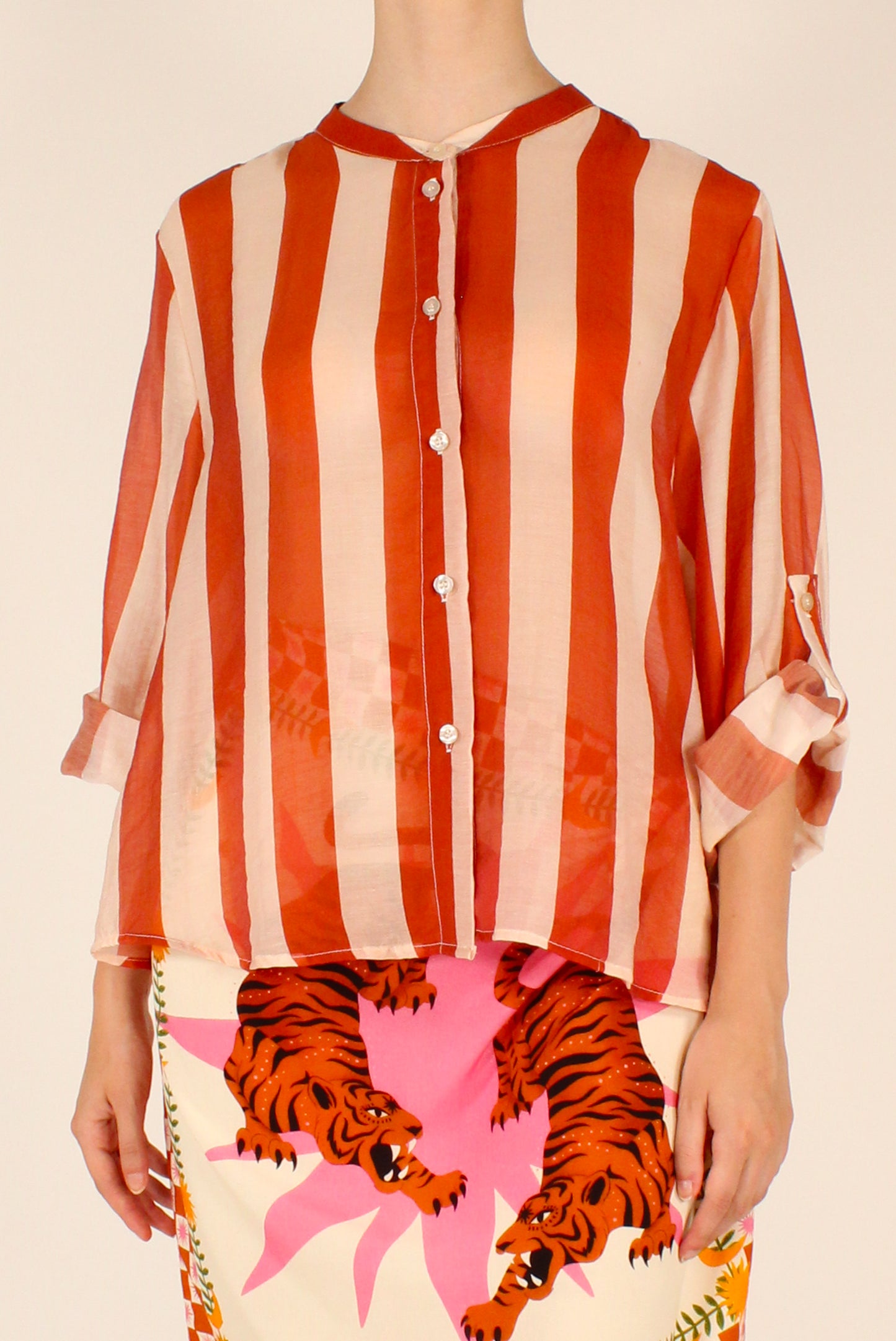 Camicia Stampa a Righe Panna/Arancio