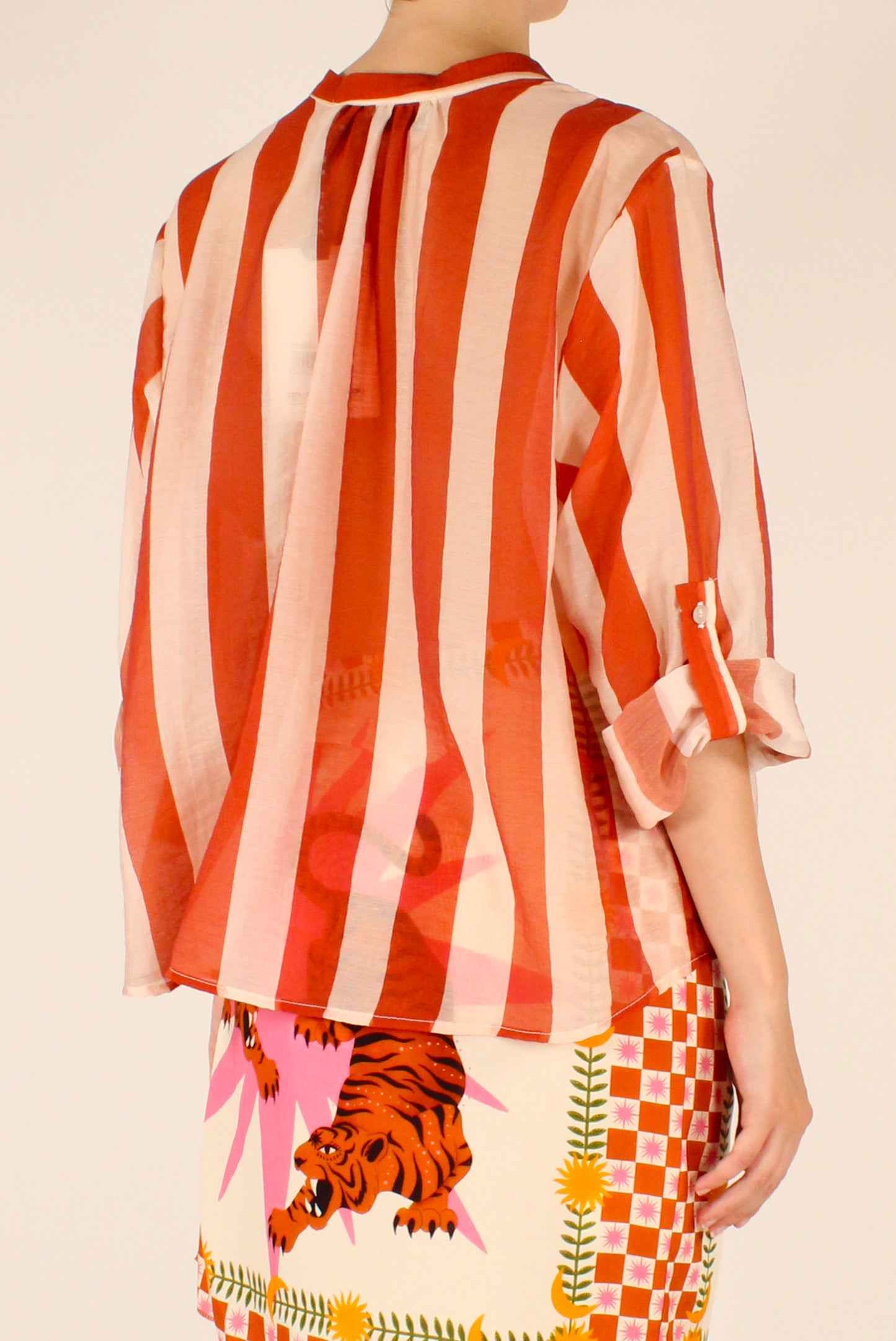 Camicia Stampa a Righe Panna/Arancio