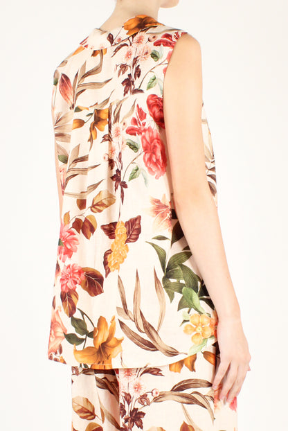 Camicia Smanicata Stampa Floreale Misto Lino