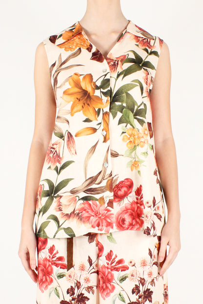 Camicia Smanicata Stampa Floreale Misto Lino