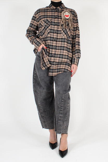 Tartan Flannel Shirt with Pockets and Pin