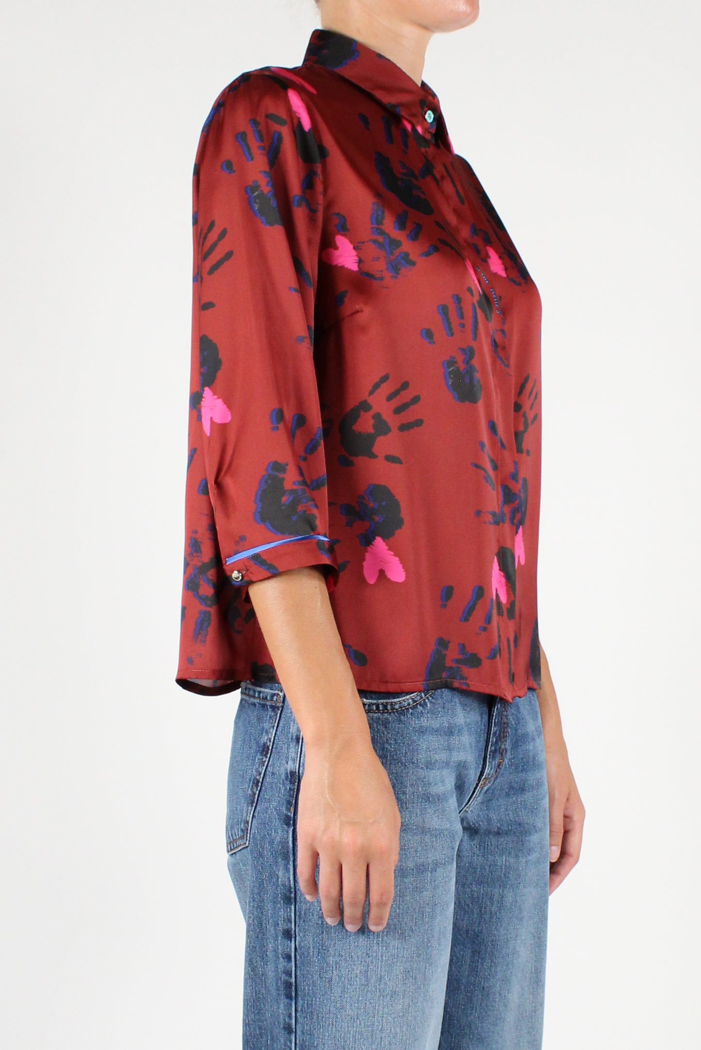 3/4 Sleeve Handprint Print Shirt