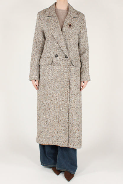 Cappotto Lungo Spigato con Spilla