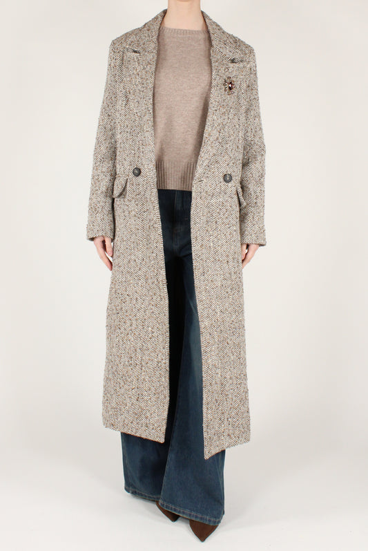 Cappotto Lungo Spigato con Spilla