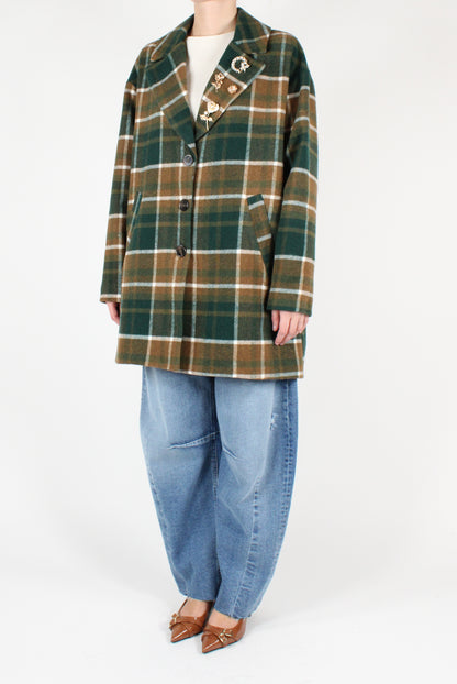 Macro Tartan Wool Blend Coat with Pins