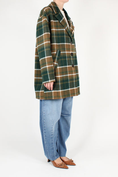 Macro Tartan Wool Blend Coat with Pins