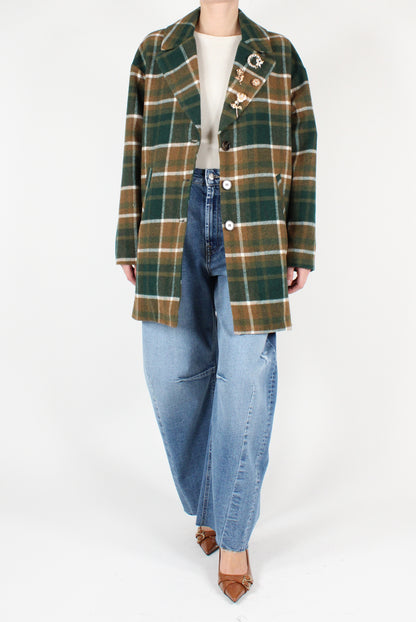 Macro Tartan Wool Blend Coat with Pins