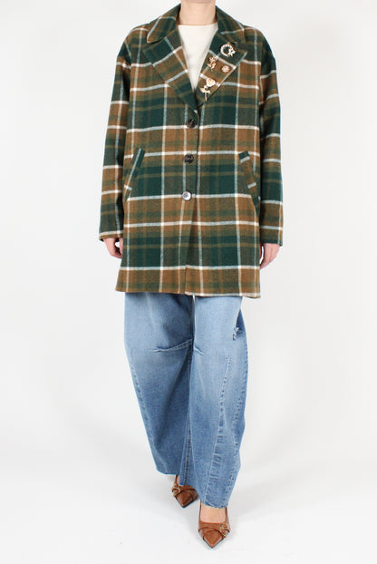 Macro Tartan Wool Blend Coat with Pins