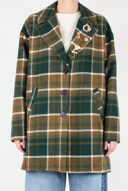 Macro Tartan Wool Blend Coat with Pins