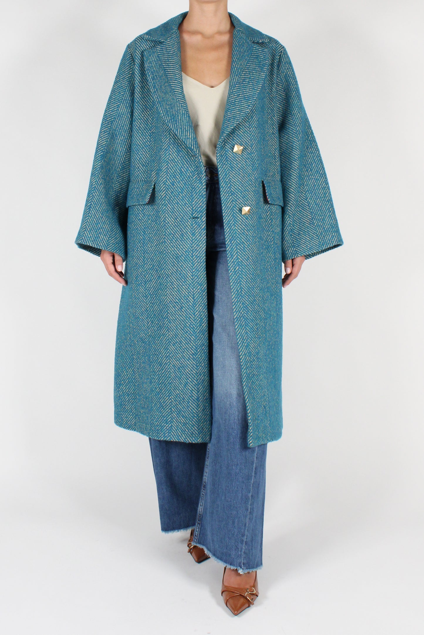 Oversized Coat Single Breasted Herringbone Fabric