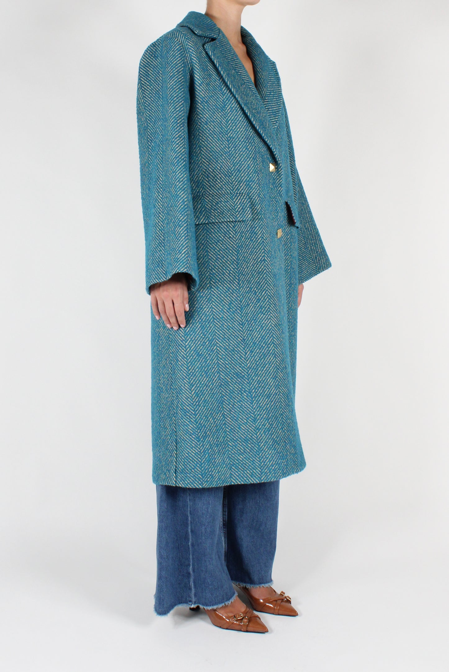 Oversized Coat Single Breasted Herringbone Fabric