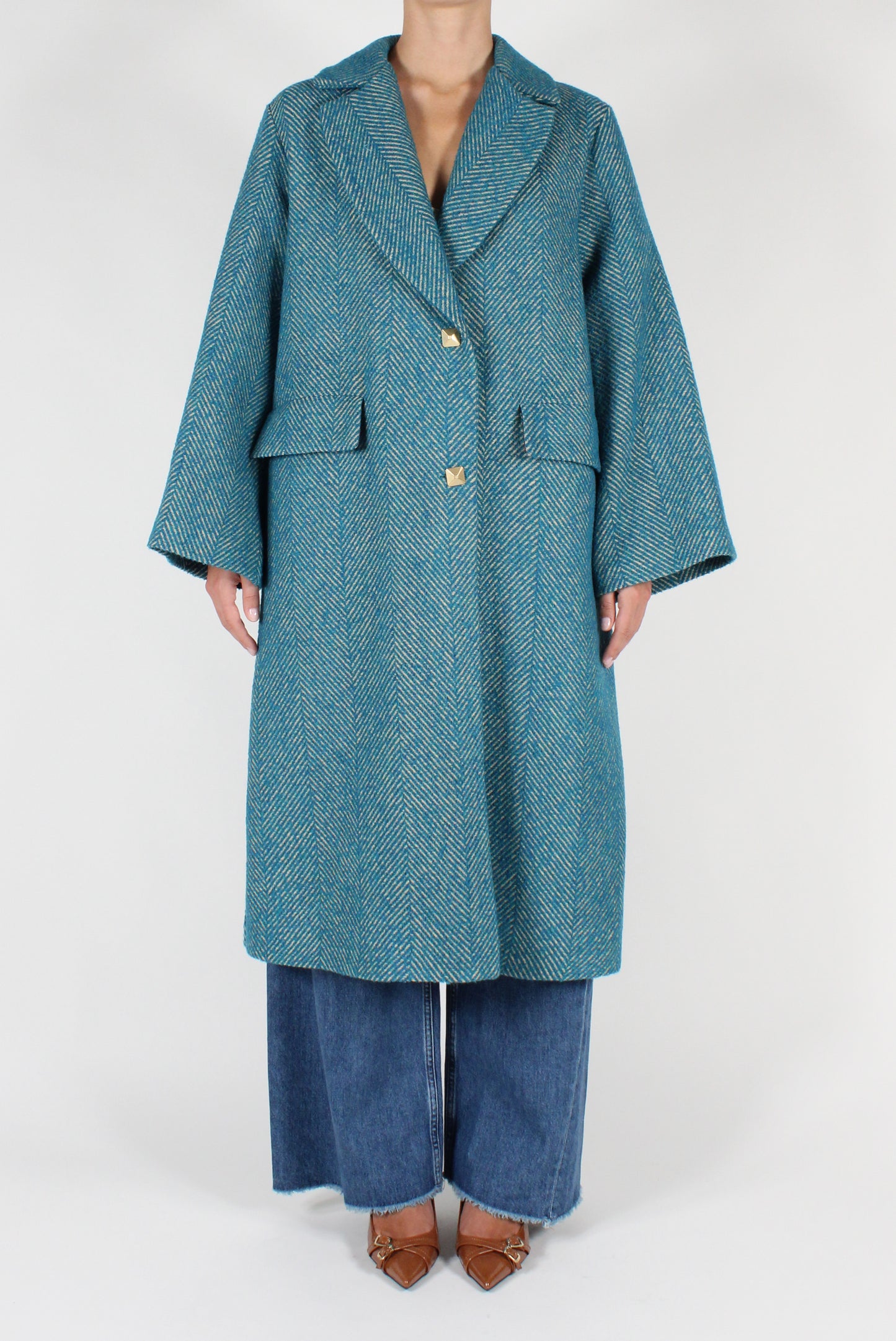 Oversized Coat Single Breasted Herringbone Fabric