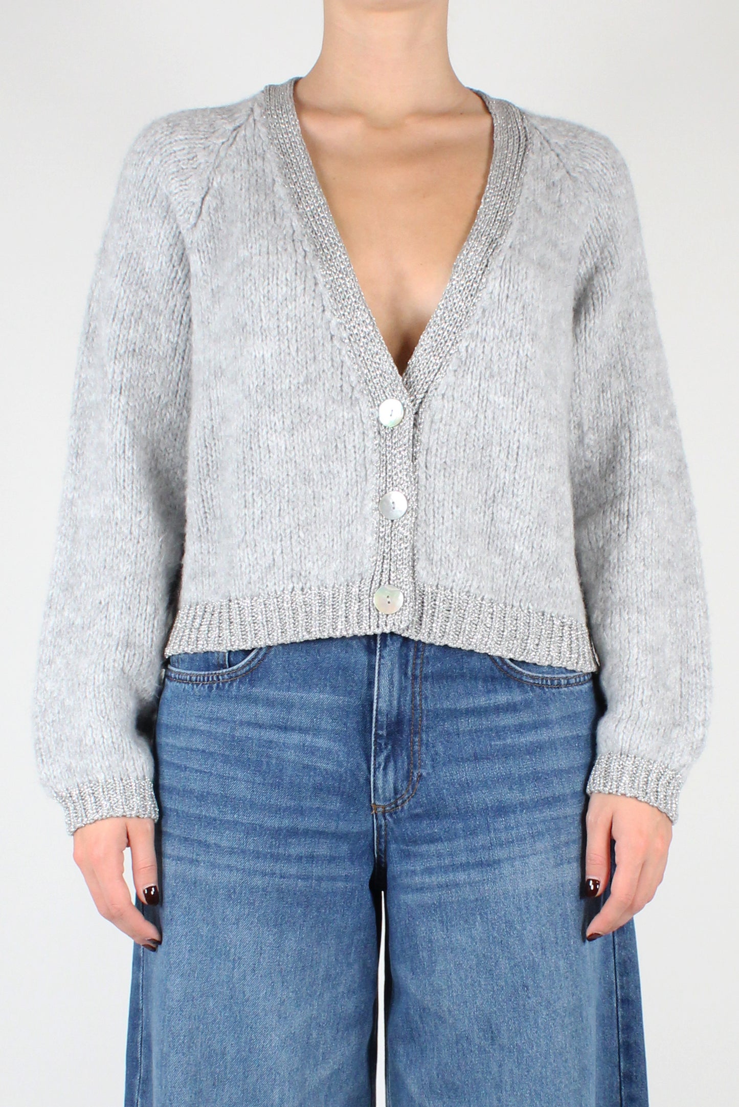 V-Neck Cardigan with Lurex Trim