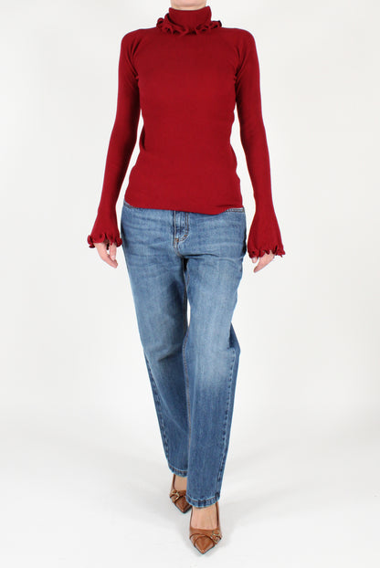 Fine Ribbed Turtleneck with Ruffles