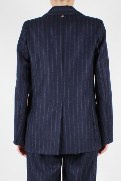 Double Breasted Wool Blend Pinstripe Blazer