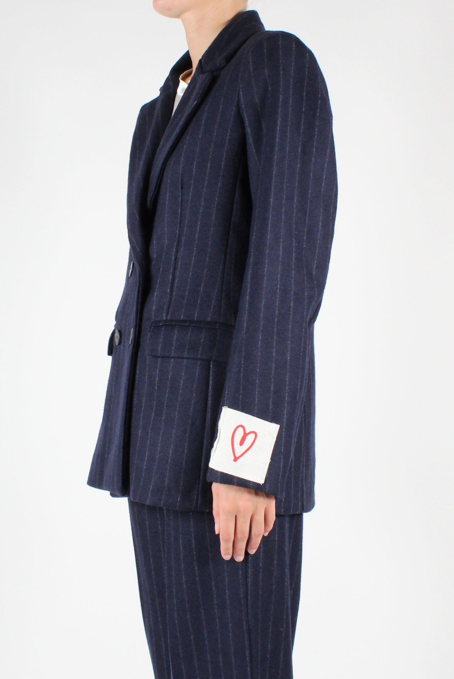 Double Breasted Wool Blend Pinstripe Blazer