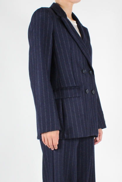 Double Breasted Wool Blend Pinstripe Blazer