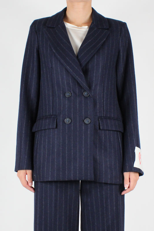 Double Breasted Wool Blend Pinstripe Blazer