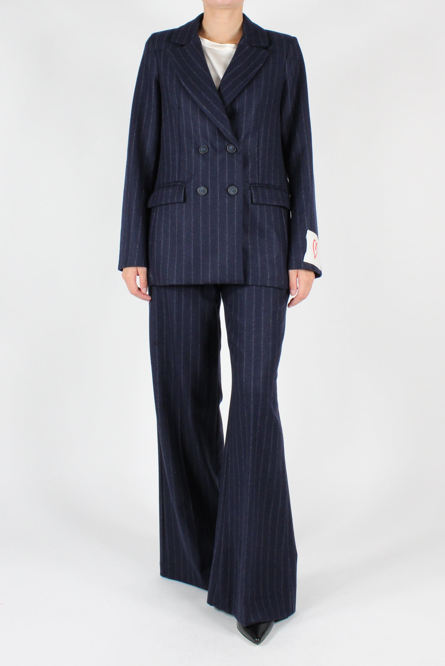 Double Breasted Wool Blend Pinstripe Blazer