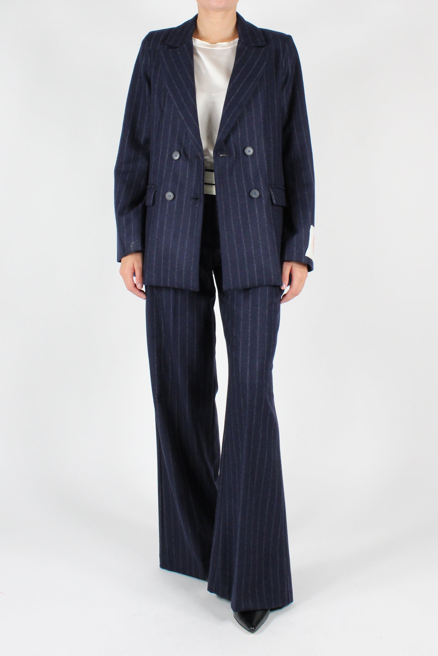 Double Breasted Wool Blend Pinstripe Blazer