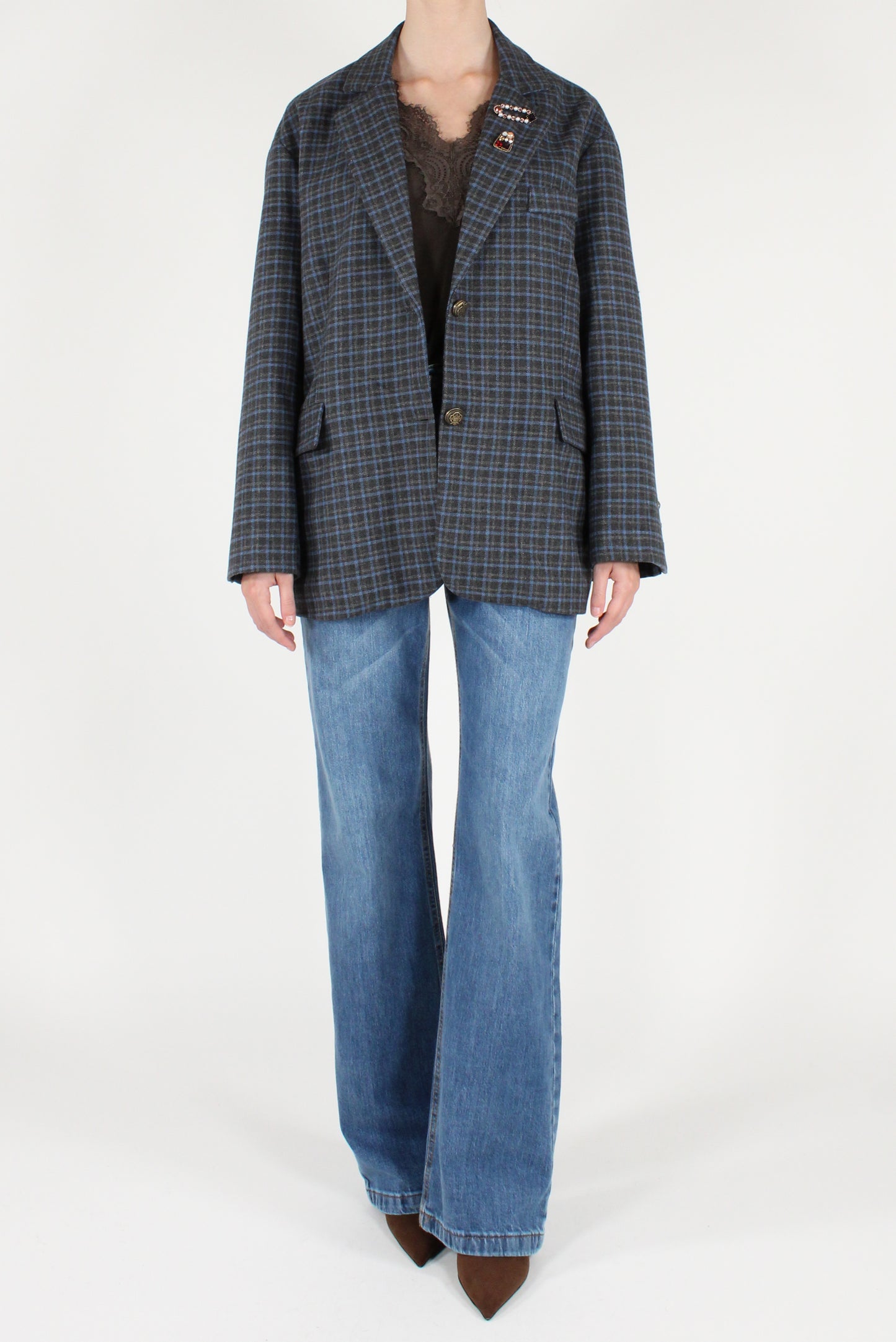 Blazer Over Fantasia Quadri con Spille