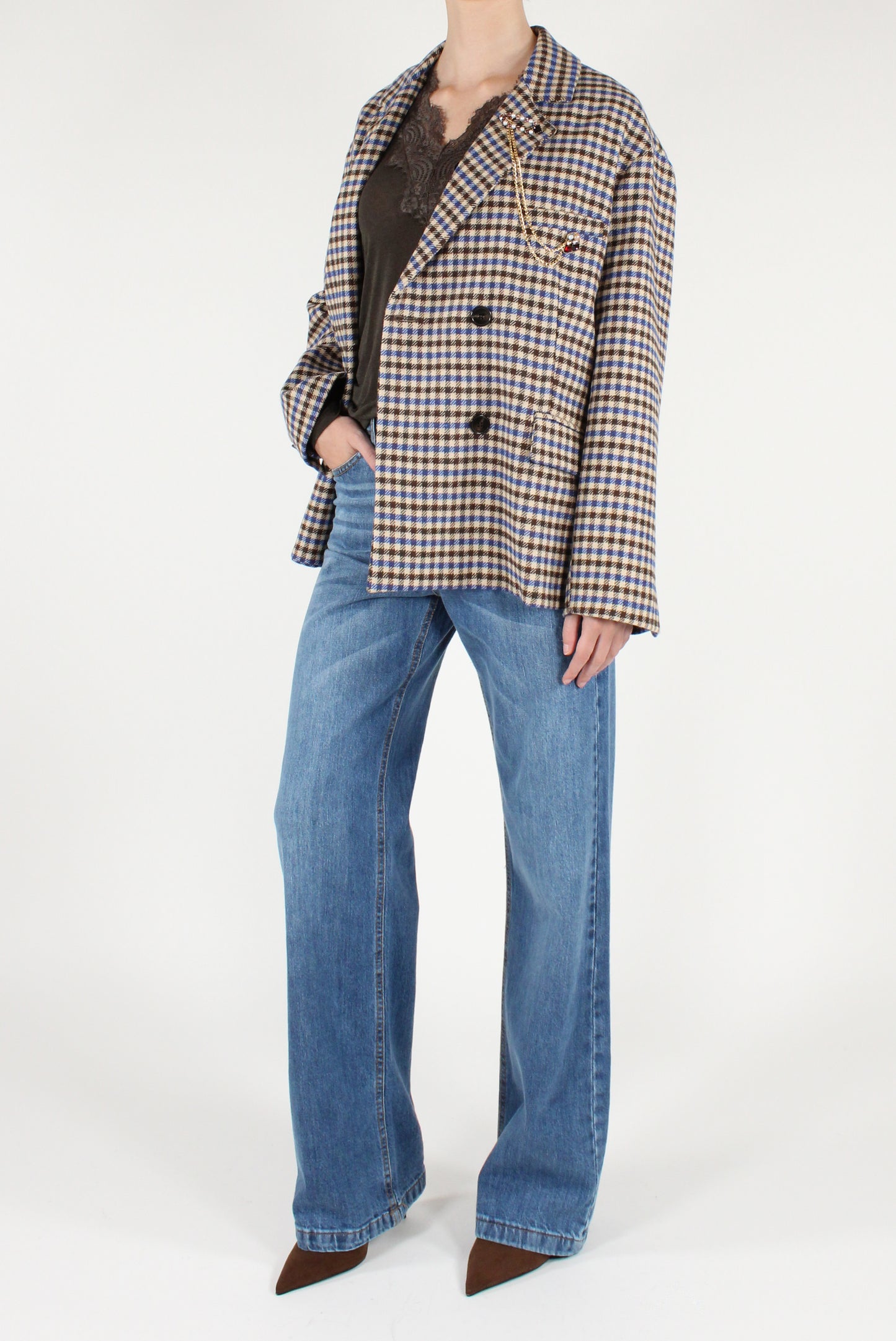 Giacca Doppiopetto Over a Quadretti con Spilla