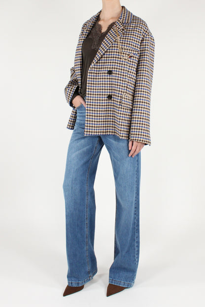 Giacca Doppiopetto Over a Quadretti con Spilla