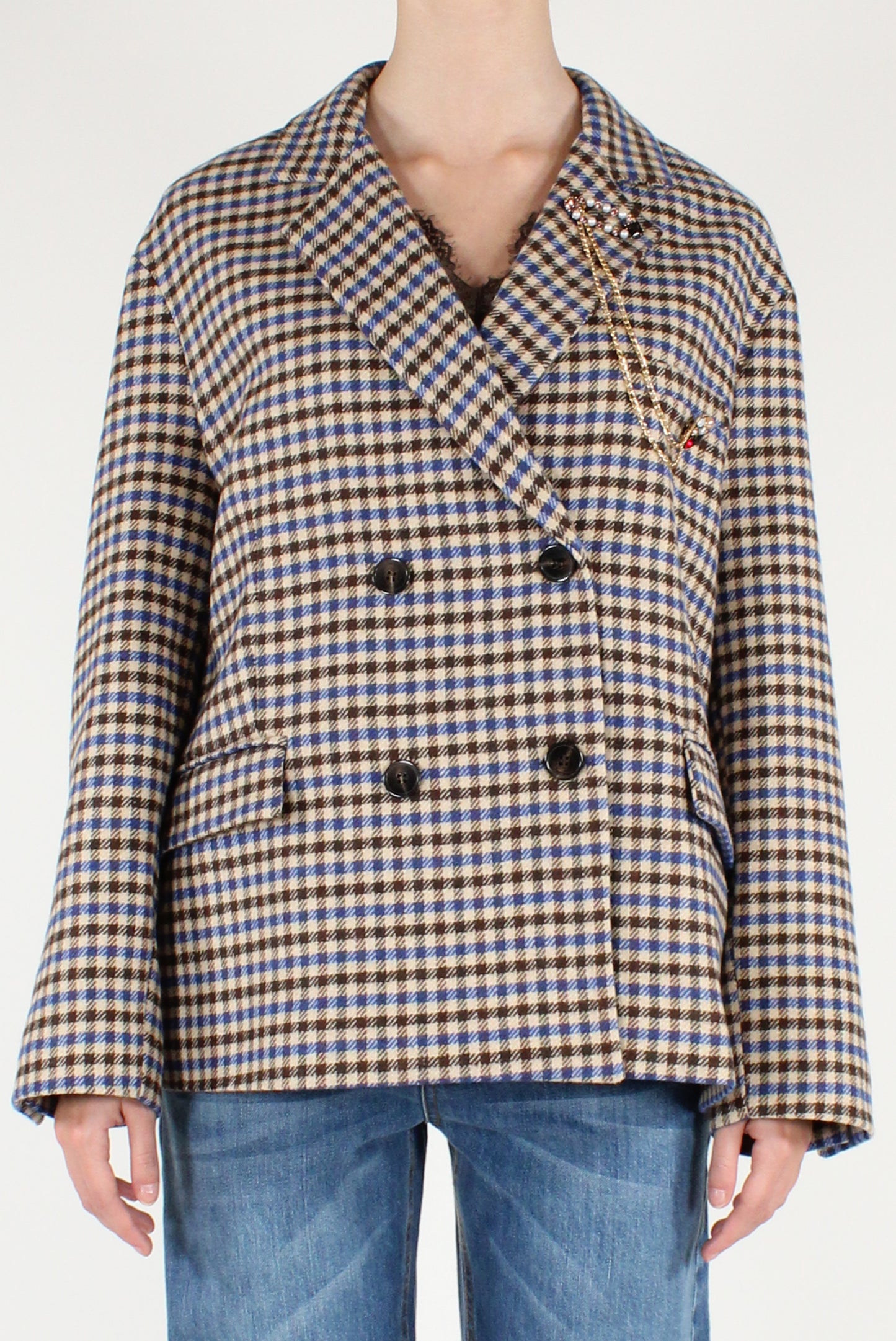 Giacca Doppiopetto Over a Quadretti con Spilla