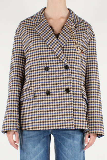 Giacca Doppiopetto Over a Quadretti con Spilla