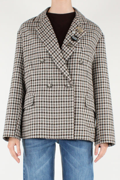 Blazer Over Doppiopetto a Quadretti con Spille