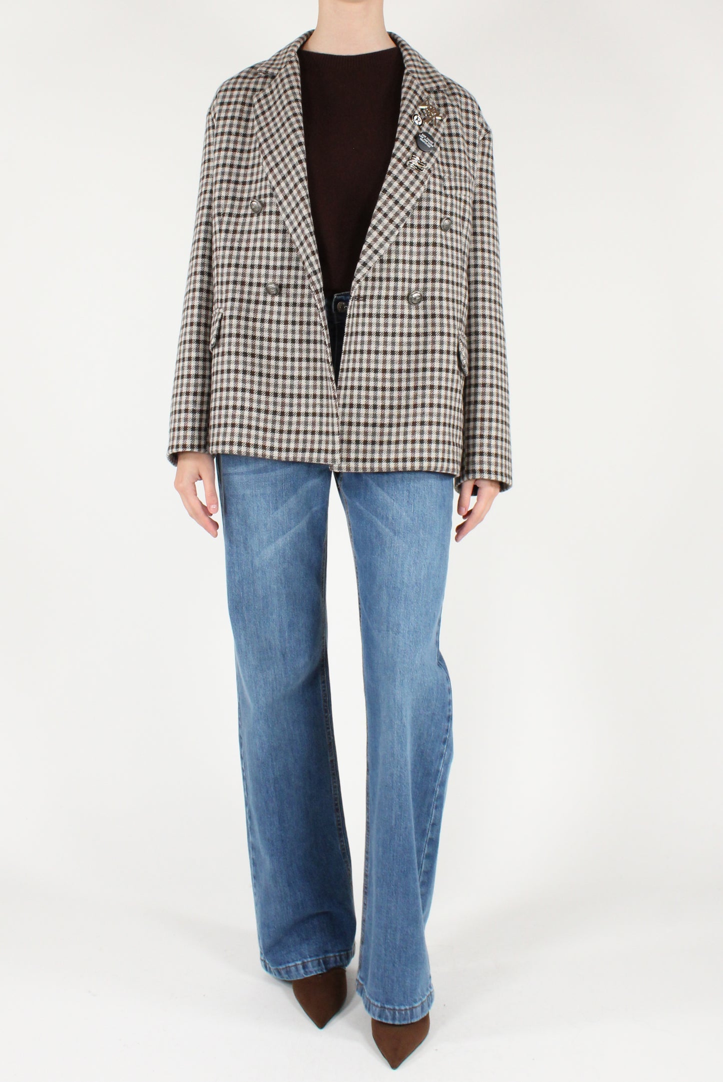 Blazer Over Doppiopetto a Quadretti con Spille