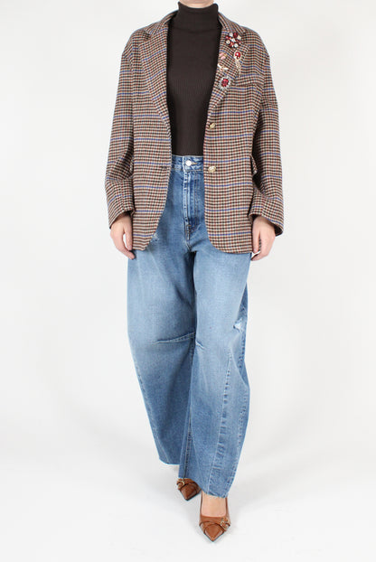 Oversized Checked Blazer with Pins