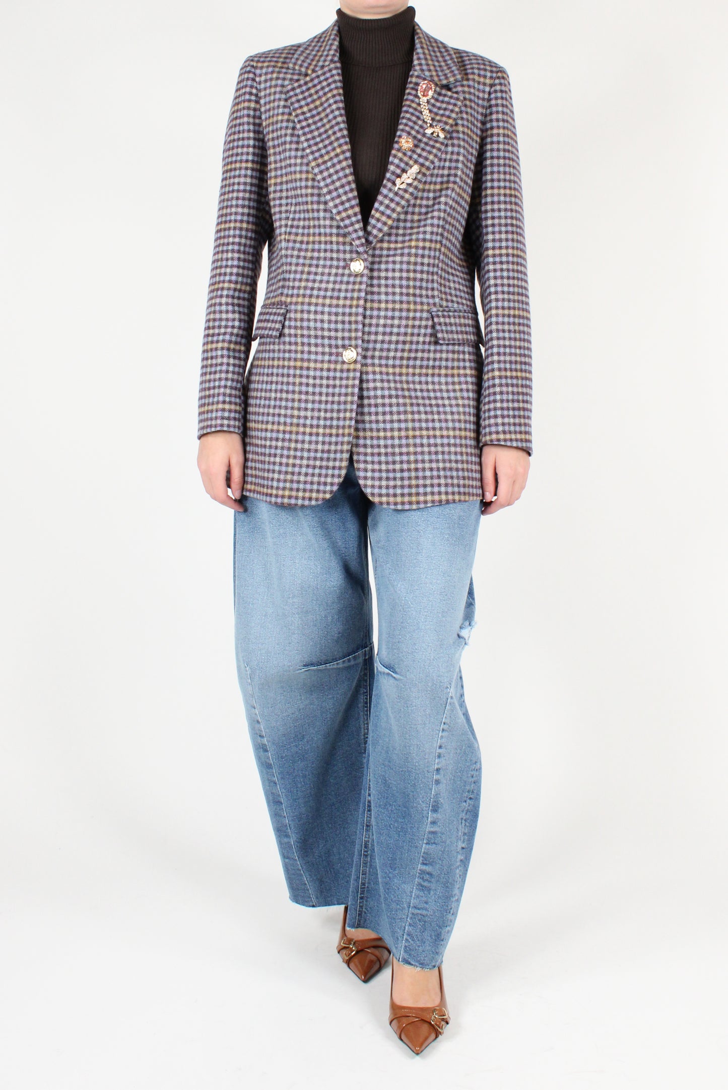 Wool Blend Check Fitted Blazer with Pins