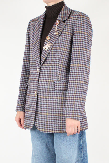 Wool Blend Check Fitted Blazer with Pins