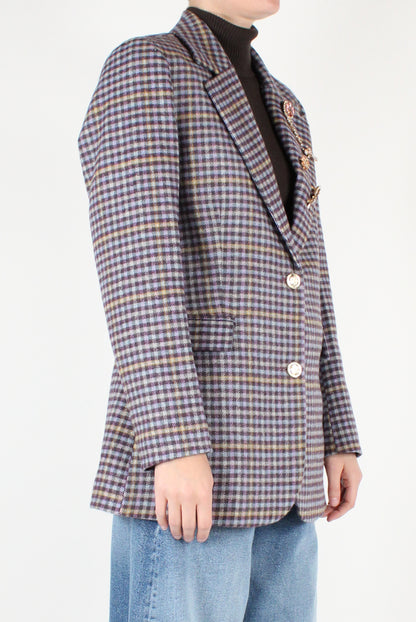 Wool Blend Check Fitted Blazer with Pins