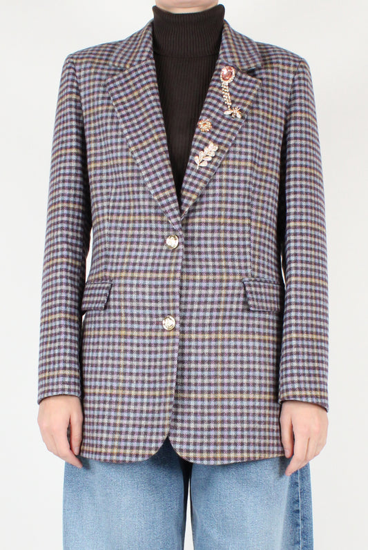 Wool Blend Check Fitted Blazer with Pins