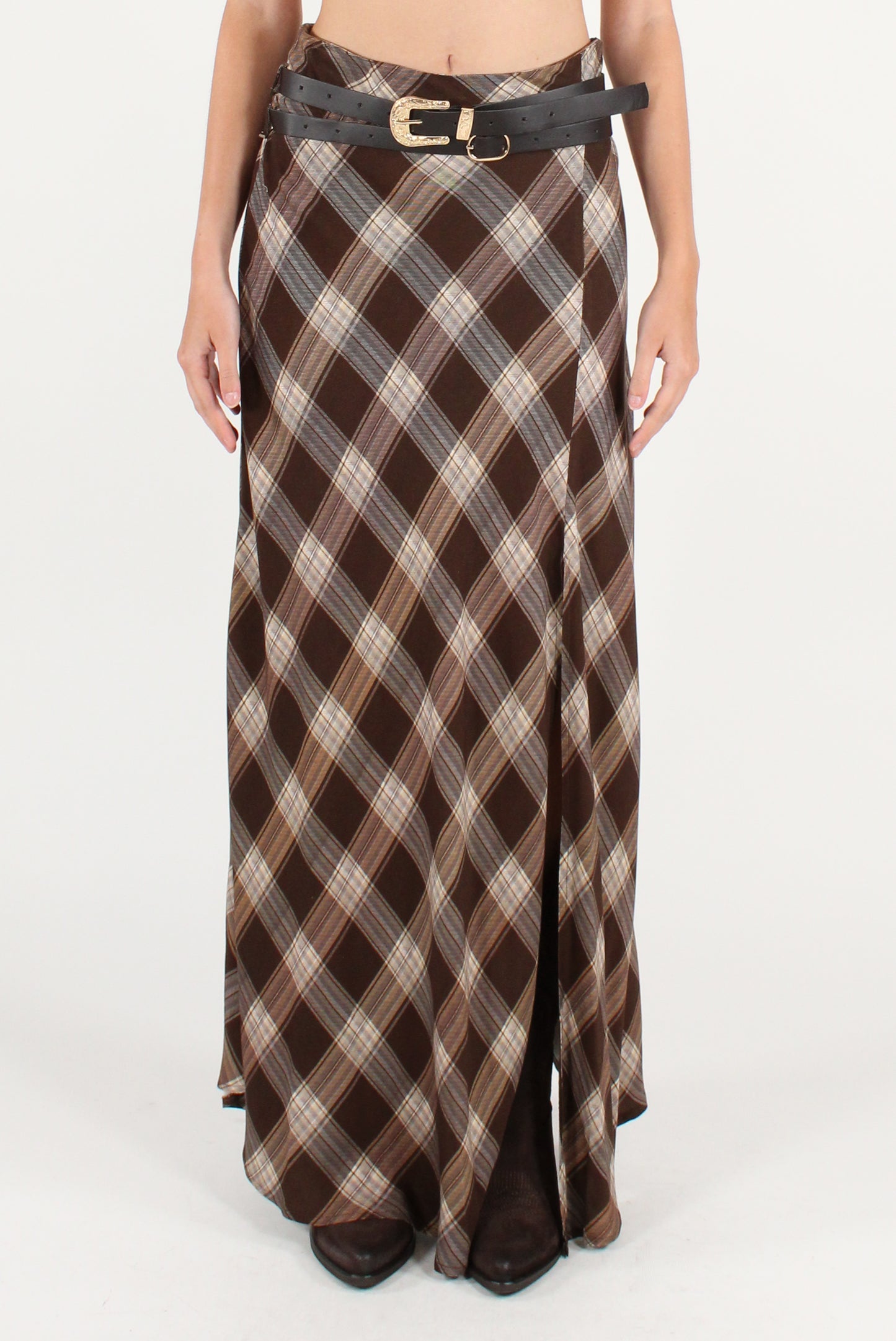 Gonna Lunga in Tartan con Doppia Cintura