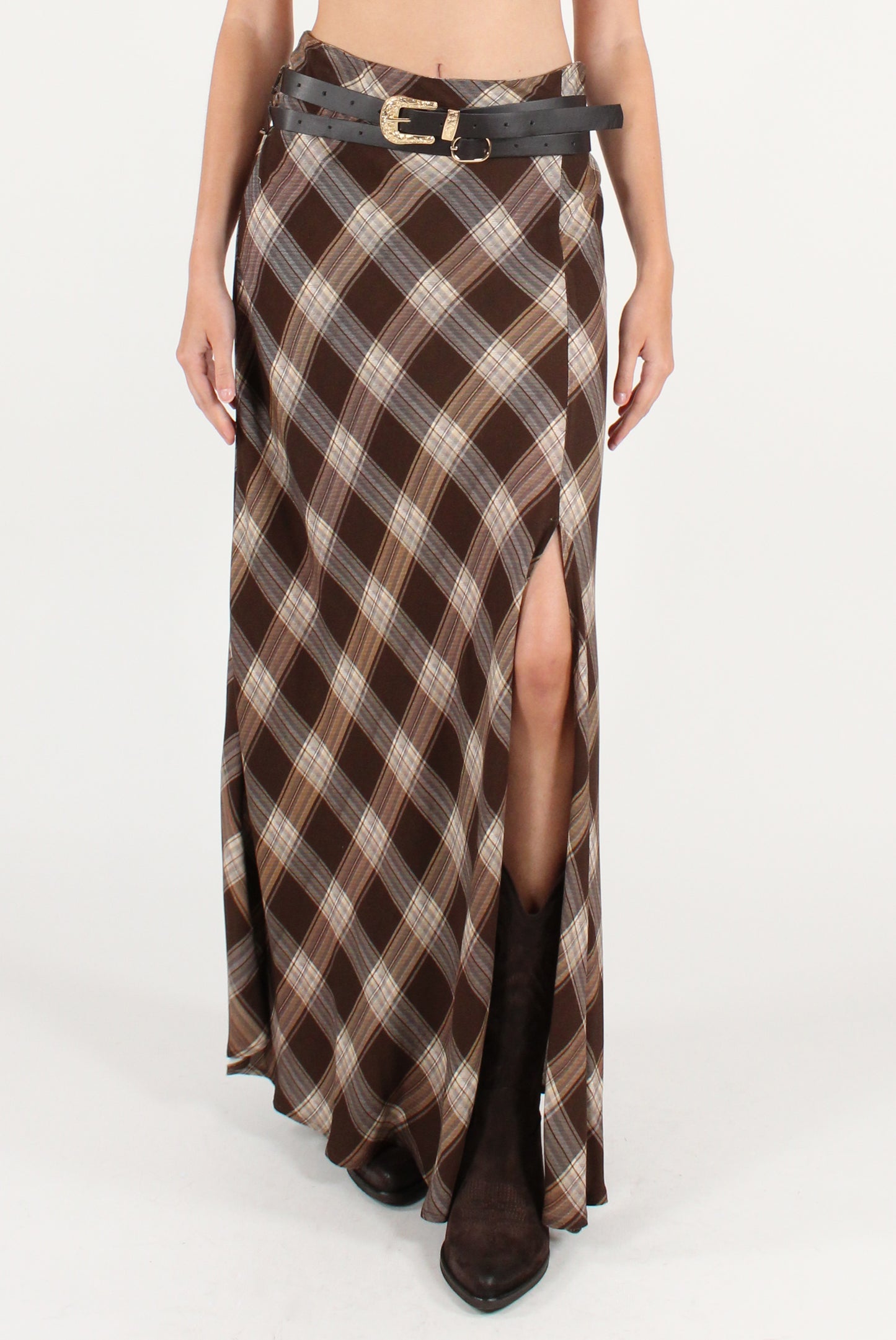 Gonna Lunga in Tartan con Doppia Cintura