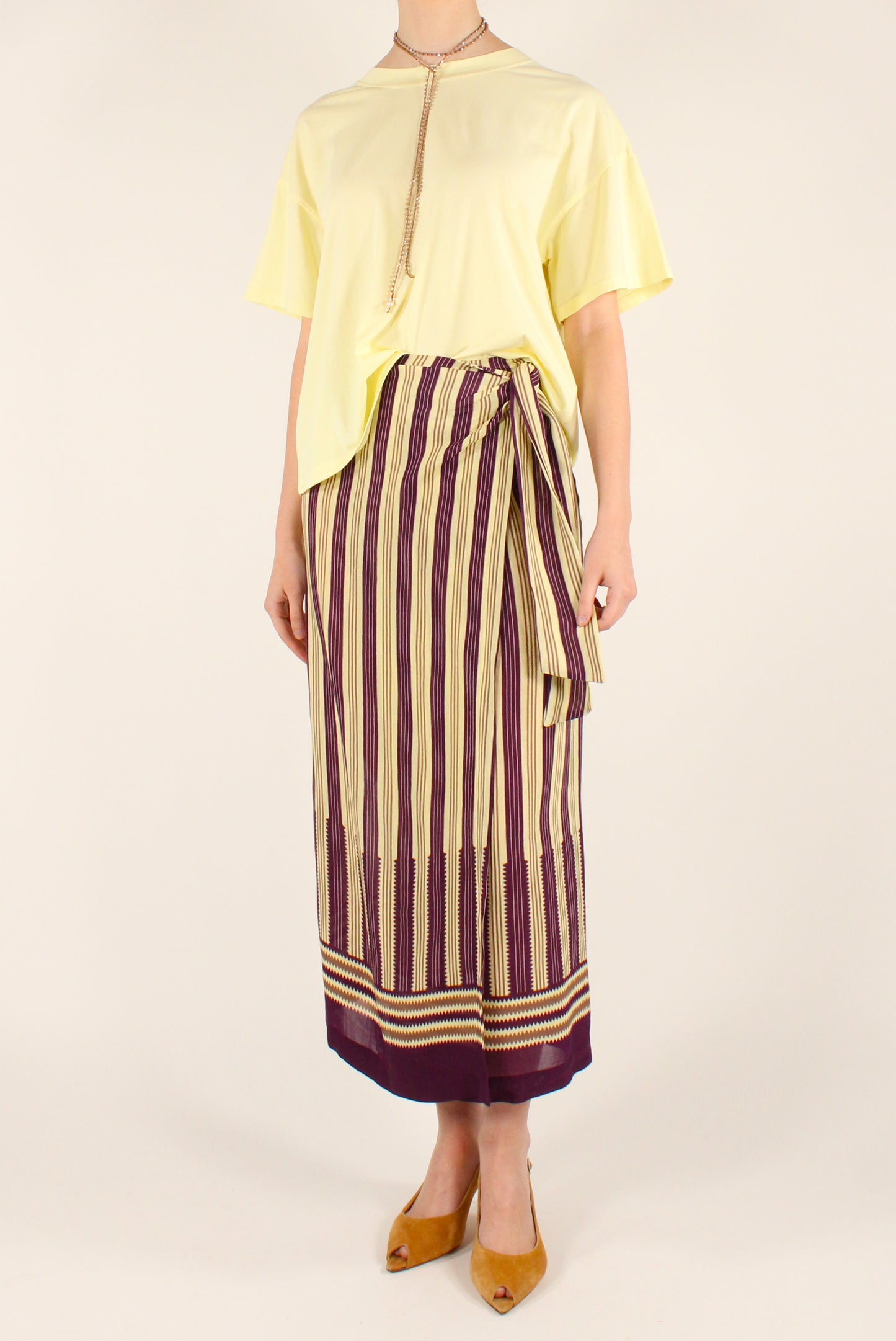 Striped Pareo-Effect Midi Skirt