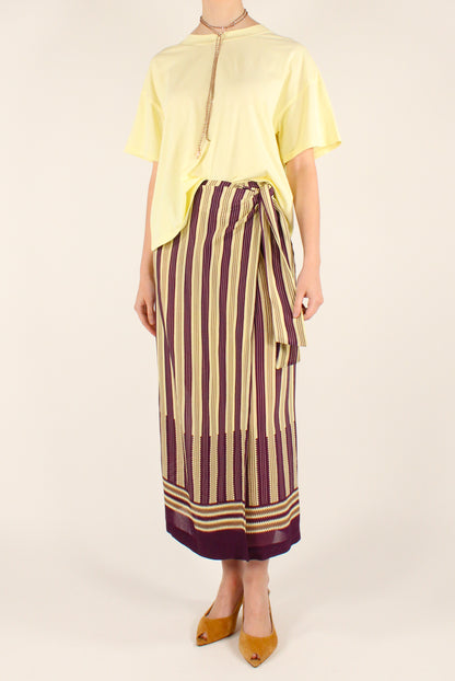 Striped Pareo-Effect Midi Skirt