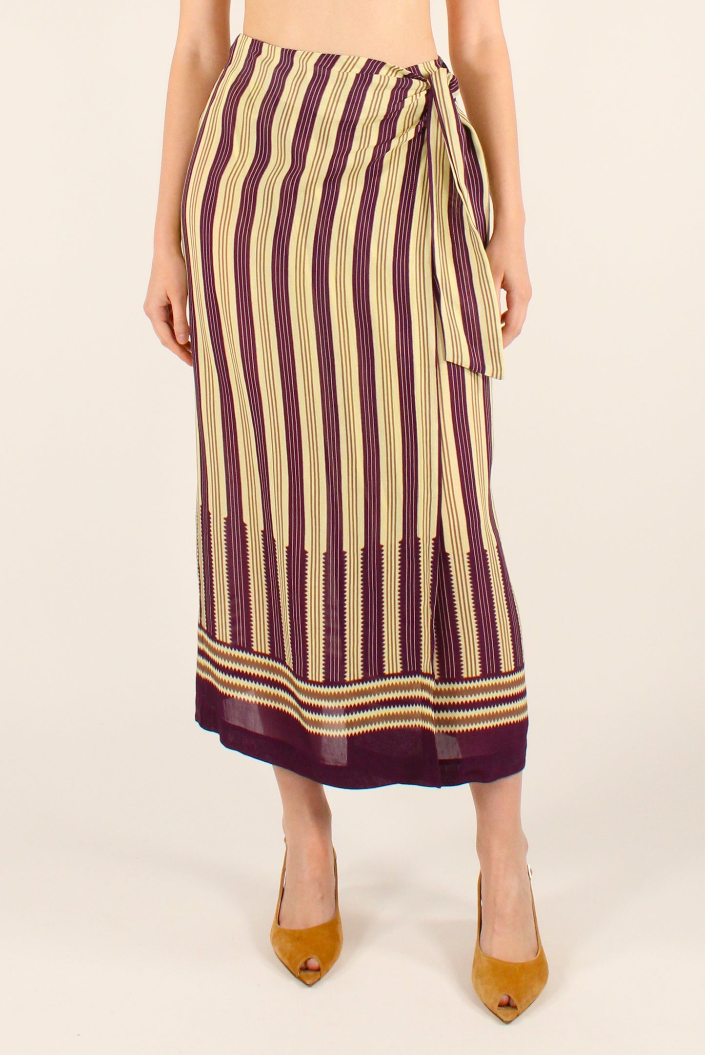 Striped Pareo-Effect Midi Skirt