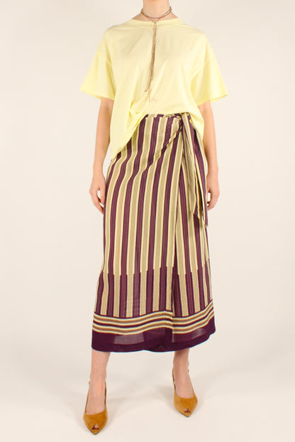 Striped Pareo-Effect Midi Skirt