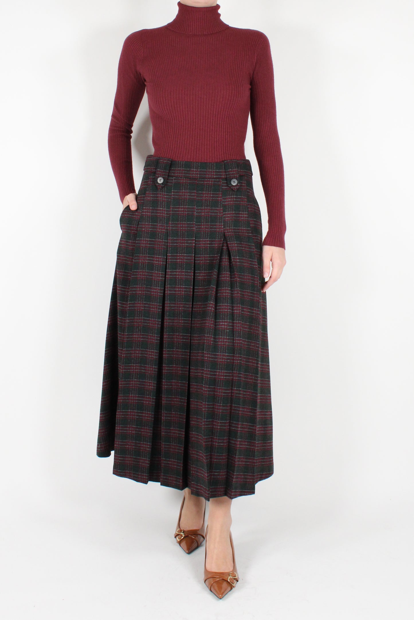 Long Tartan Skirt with Pleats