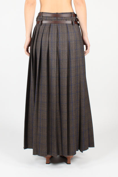 Long Pleated Skirt with Tartan Slit