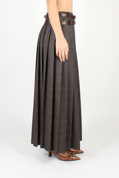 Long Pleated Skirt with Tartan Slit