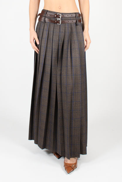 Long Pleated Skirt with Tartan Slit