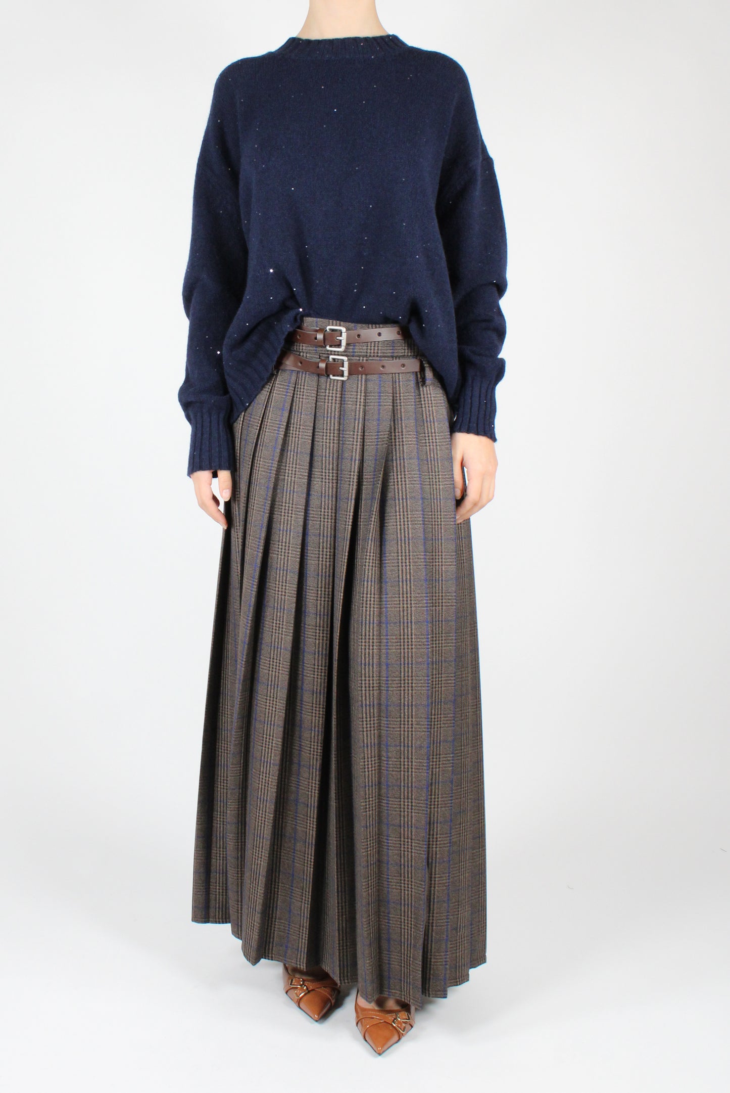 Long Pleated Skirt with Tartan Slit