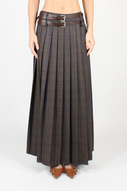 Long Pleated Skirt with Tartan Slit