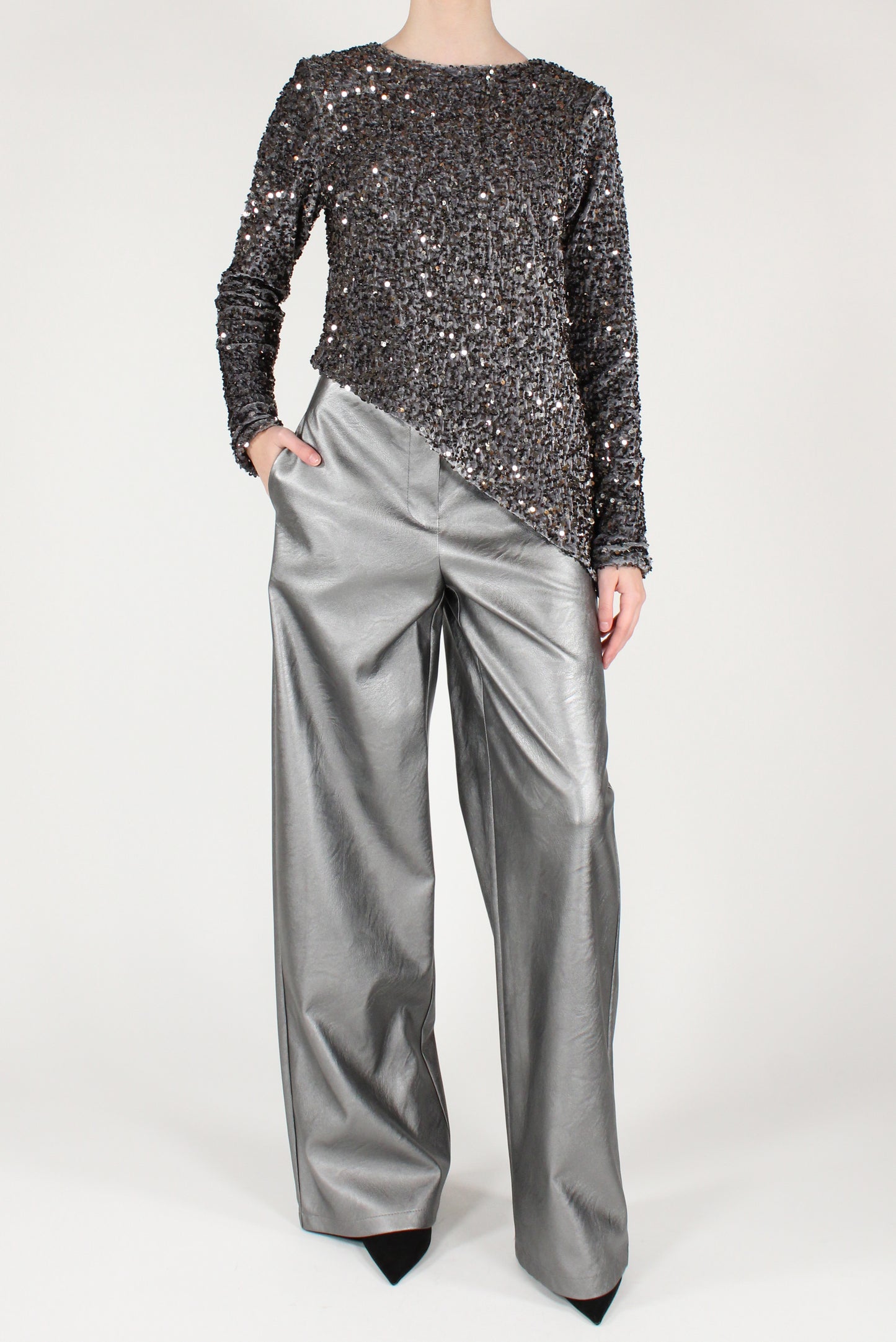 Pantaloni a Palazzo in Ecopelle Metallizzata