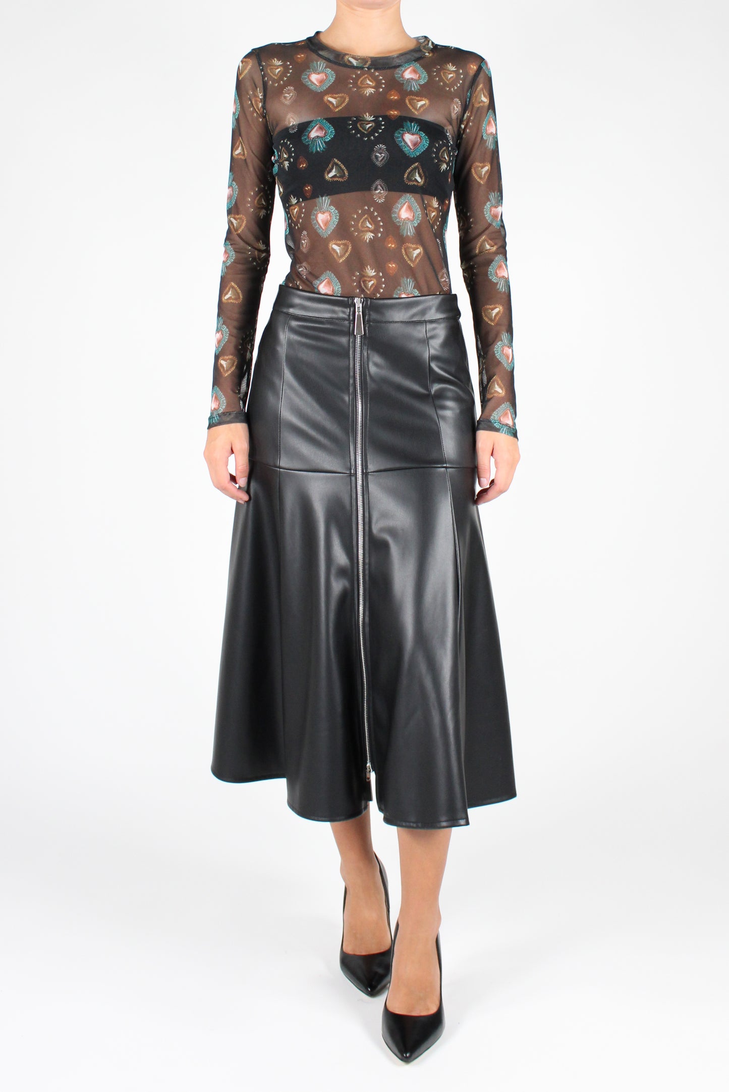 Faux Leather Midi Skirt with Zip